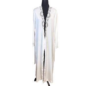 Fernando Squette White Lace Trim Long Robe Duster Vintage USA Made Size Medium